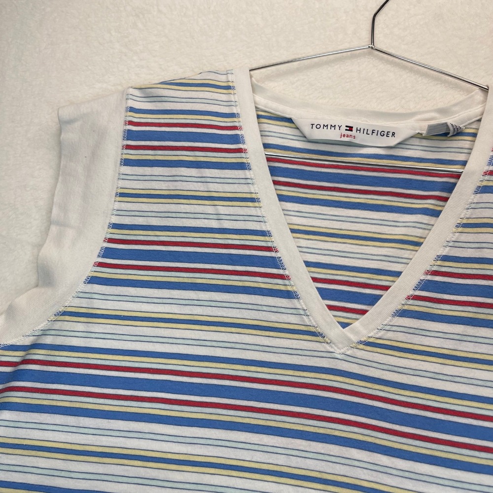Y2K VTG Tommy Hilfiger Sleeveless Top ‎ XL Striped V-Neck Cotton Nautical Preppy